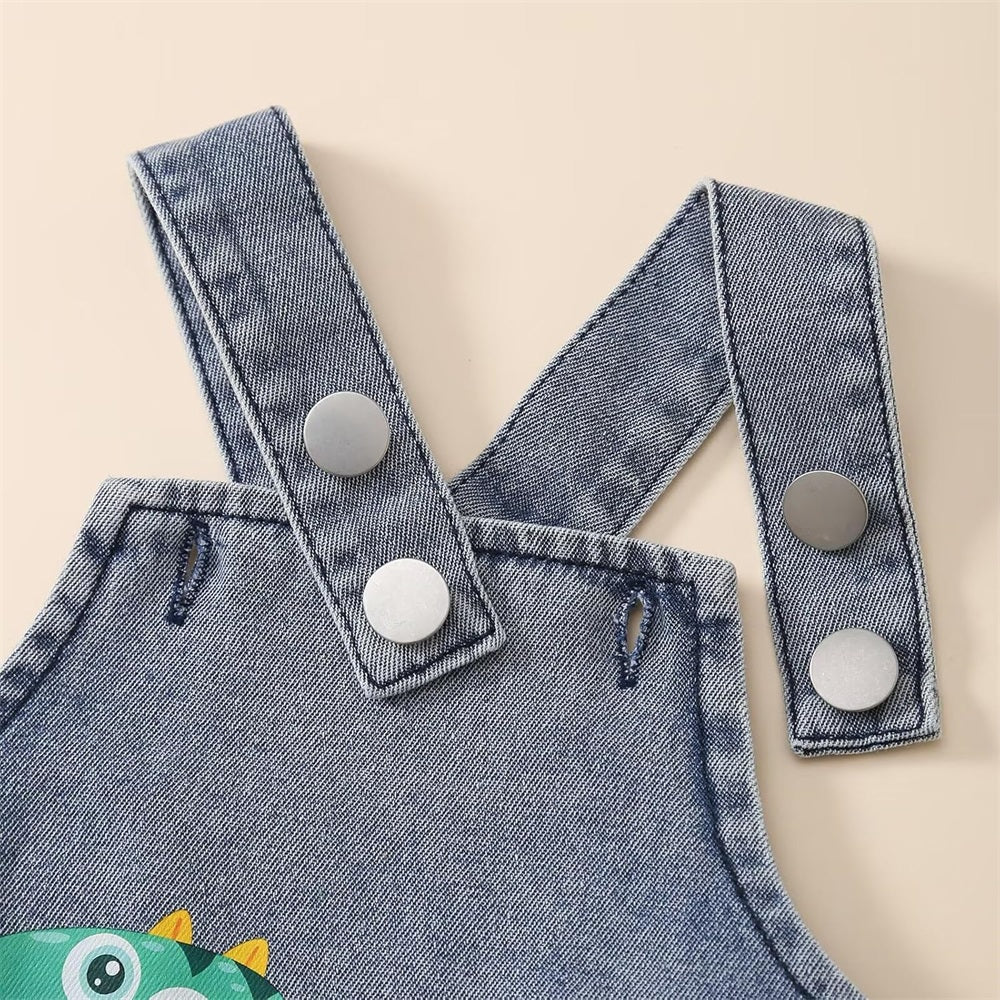 2PCS Casual Dinosaur Print Striped Long Sleeve Denim Overalls Baby Set