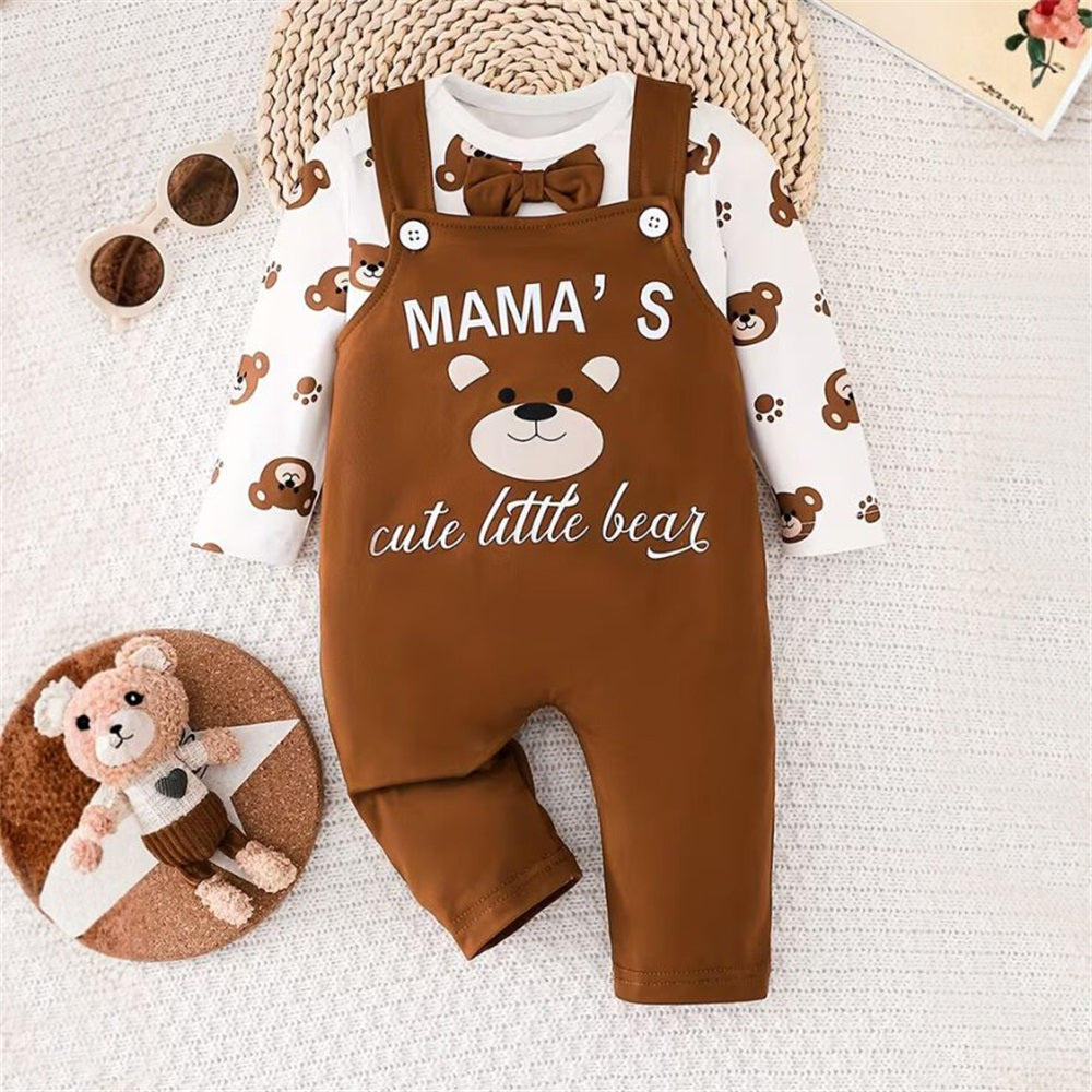 3PCS Mama's Cute Little Bear Letter Print Long Sleeve Baby Set