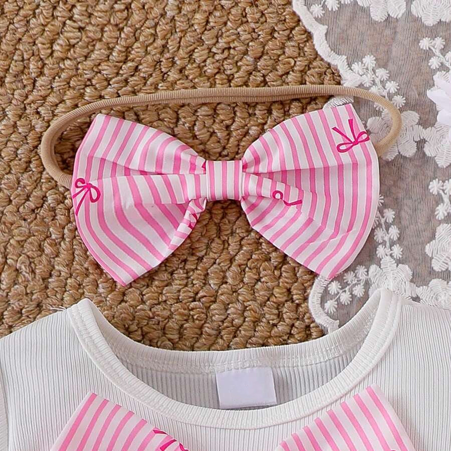 2PCS Gorgeous Stripe Bow Print Short Sleeve Baby Romper