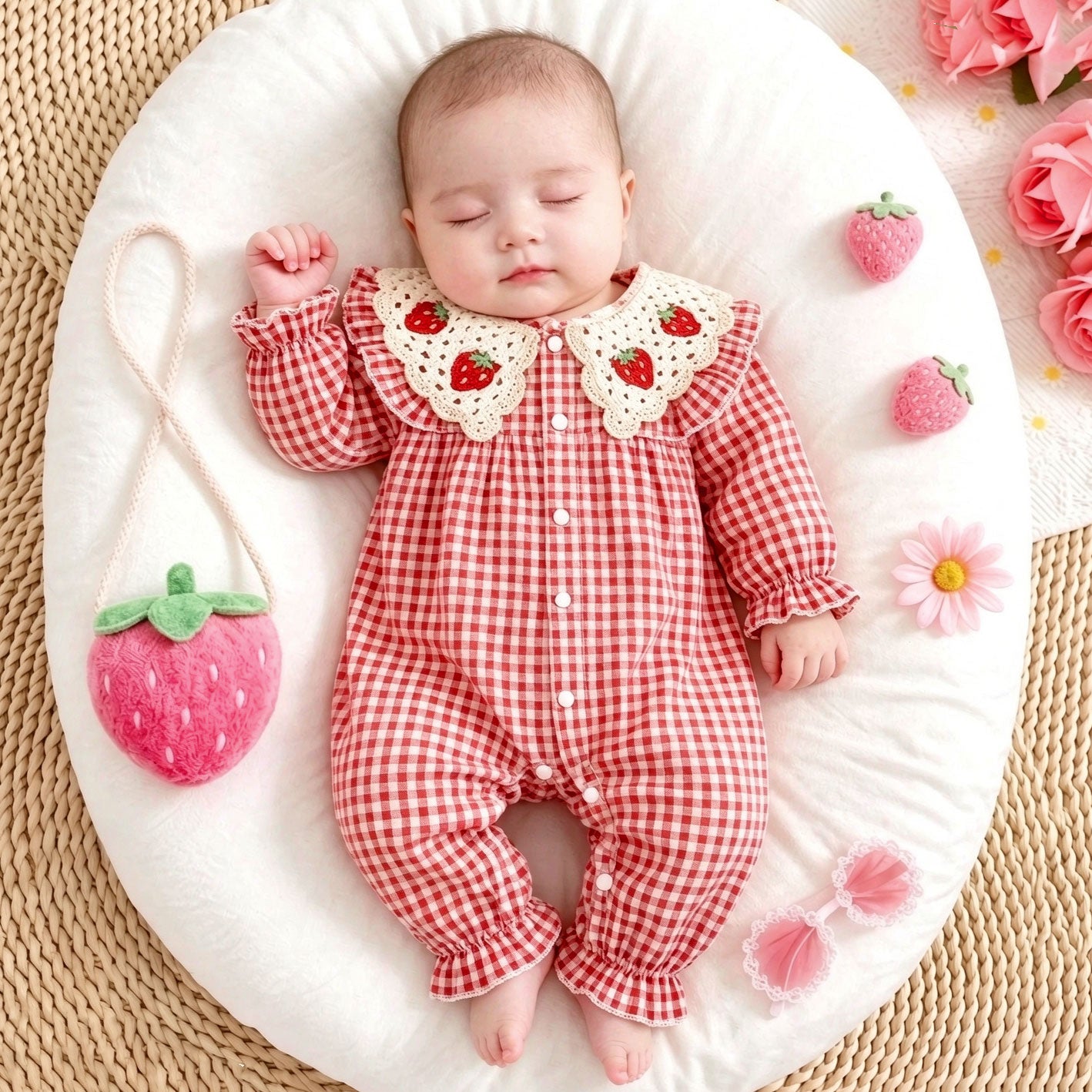 Bubbly Strawberry Plaid Printed Long Sleeve Baby Jumpsuit