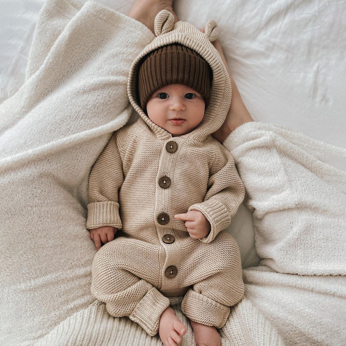 Adorable Solid Color Knitted Long Sleeve Hooded Baby Jumpsuit