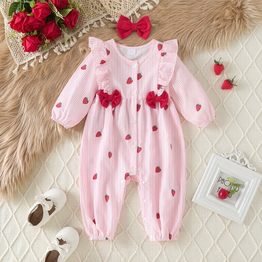 2PCS Casual Stripe Strawberry Print Long Sleeve Baby Jumpsuit
