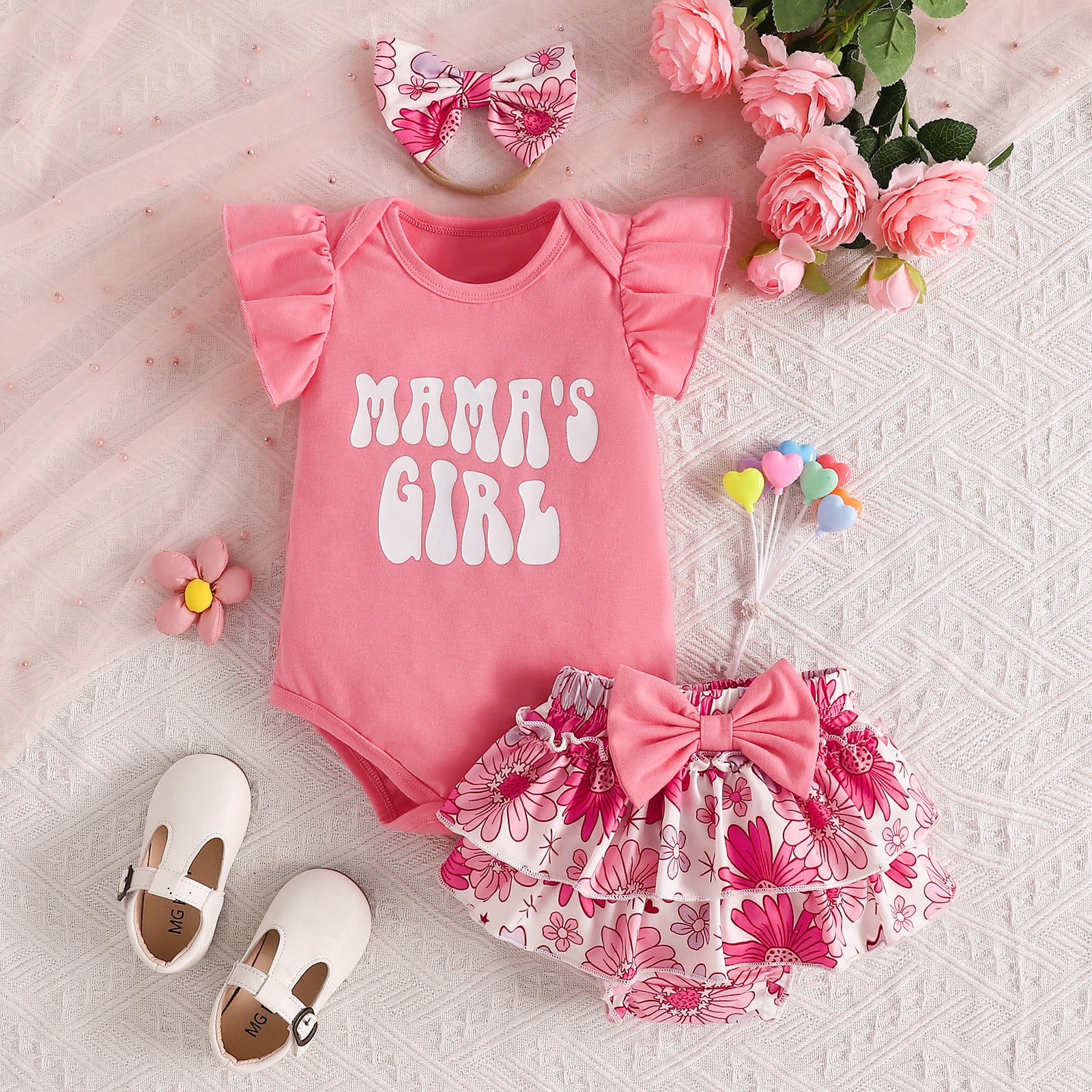 3PCS Mama's Girl Letter Printed And Floral Printed Baby Set
