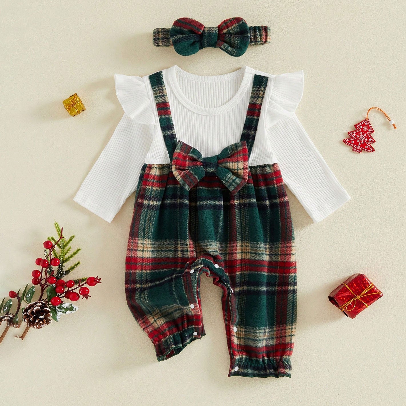 2PCS Chic Color Block Plaid Printed Long Sleeve Baby Girl Jumpsuit