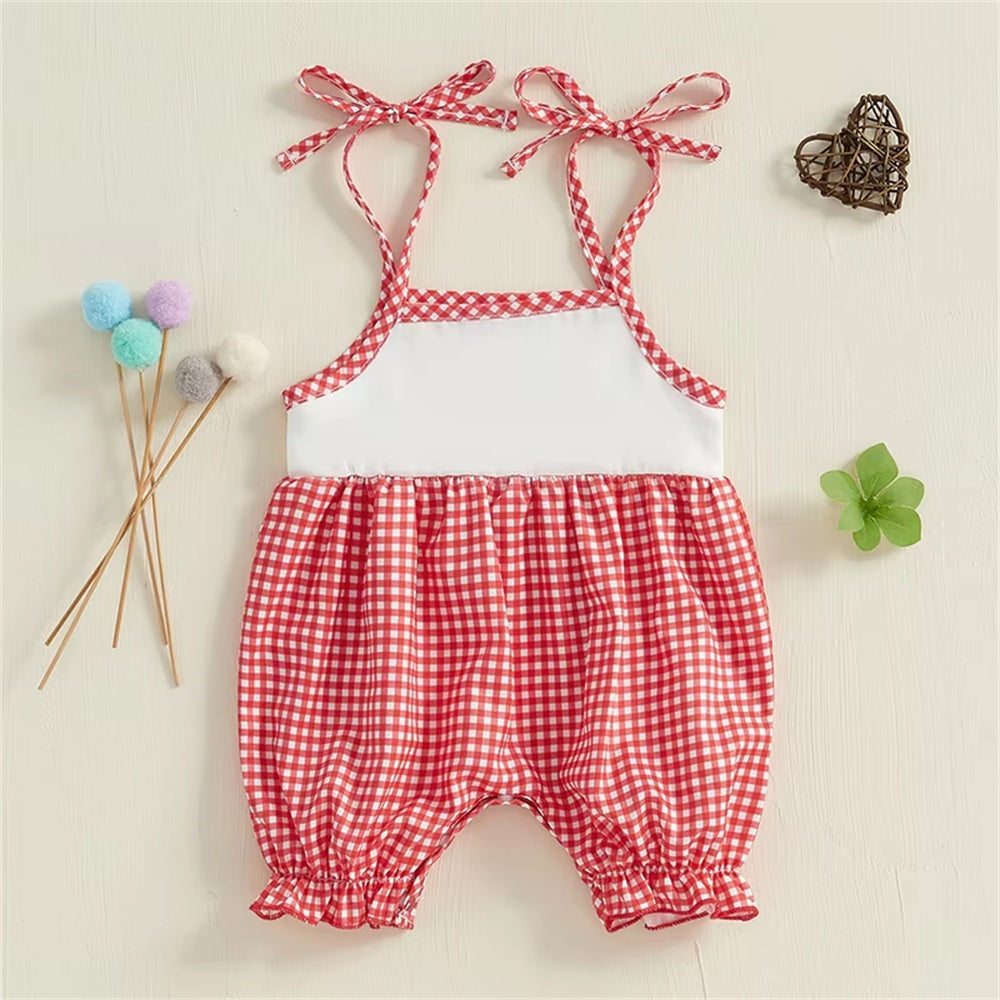 Lovely Plaid Strawberry Printed Sleeveless Baby Jumpsuit