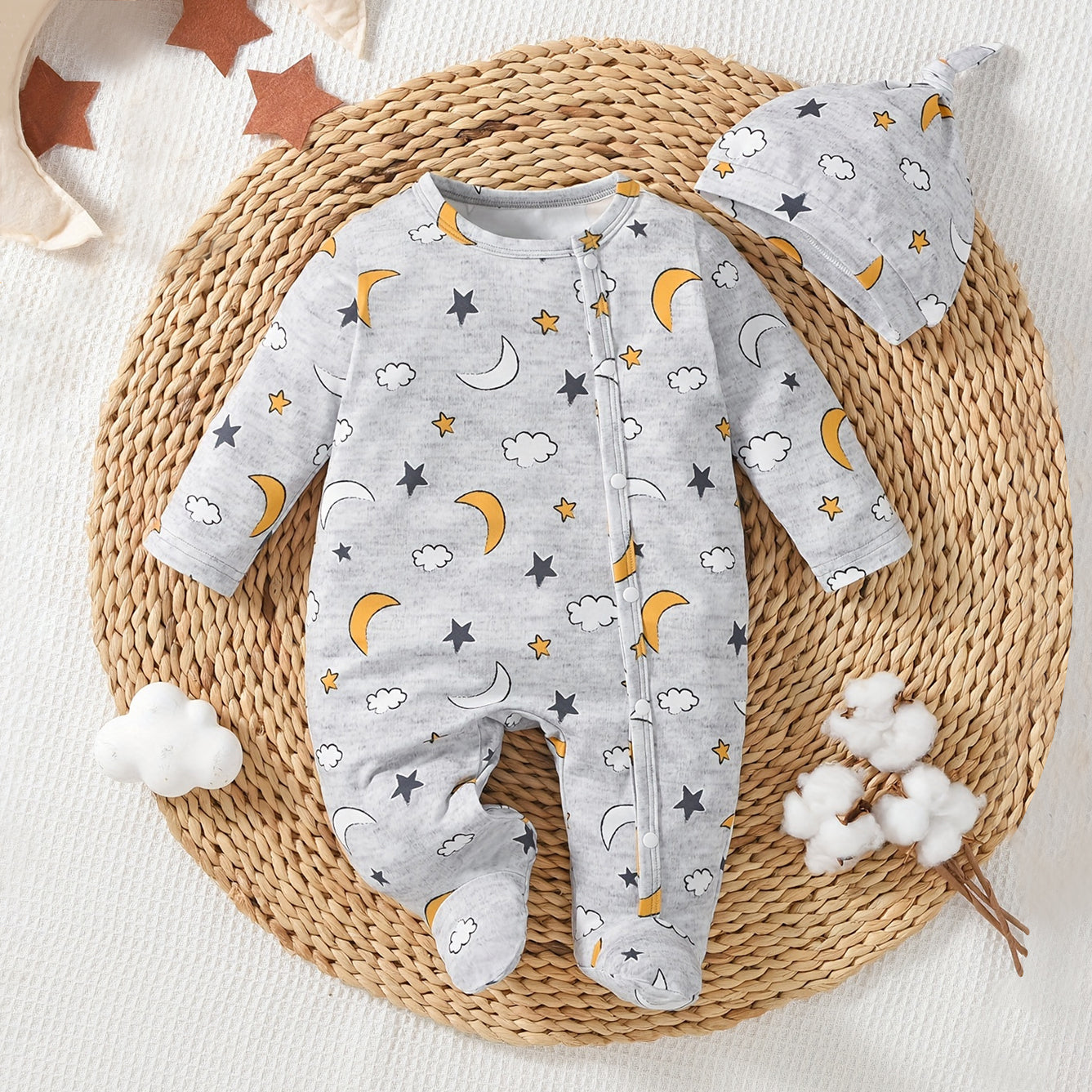 2PCS Casual Moon And Stars Printed Long Sleeve Baby Jumpsuit