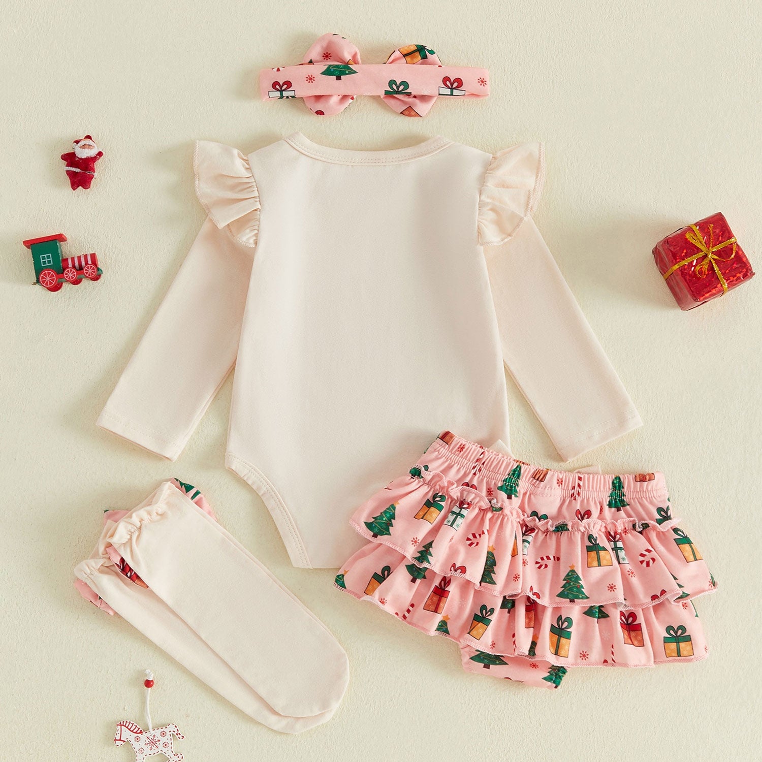 4PCS My 1st Christmas Letter Bow Print Long Sleeve Baby Set