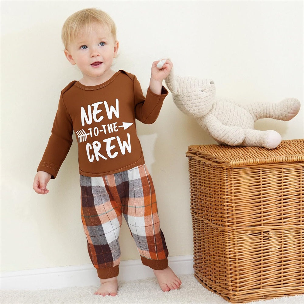 3PCS New To The Crew Letter Print Plaid Baby Set
