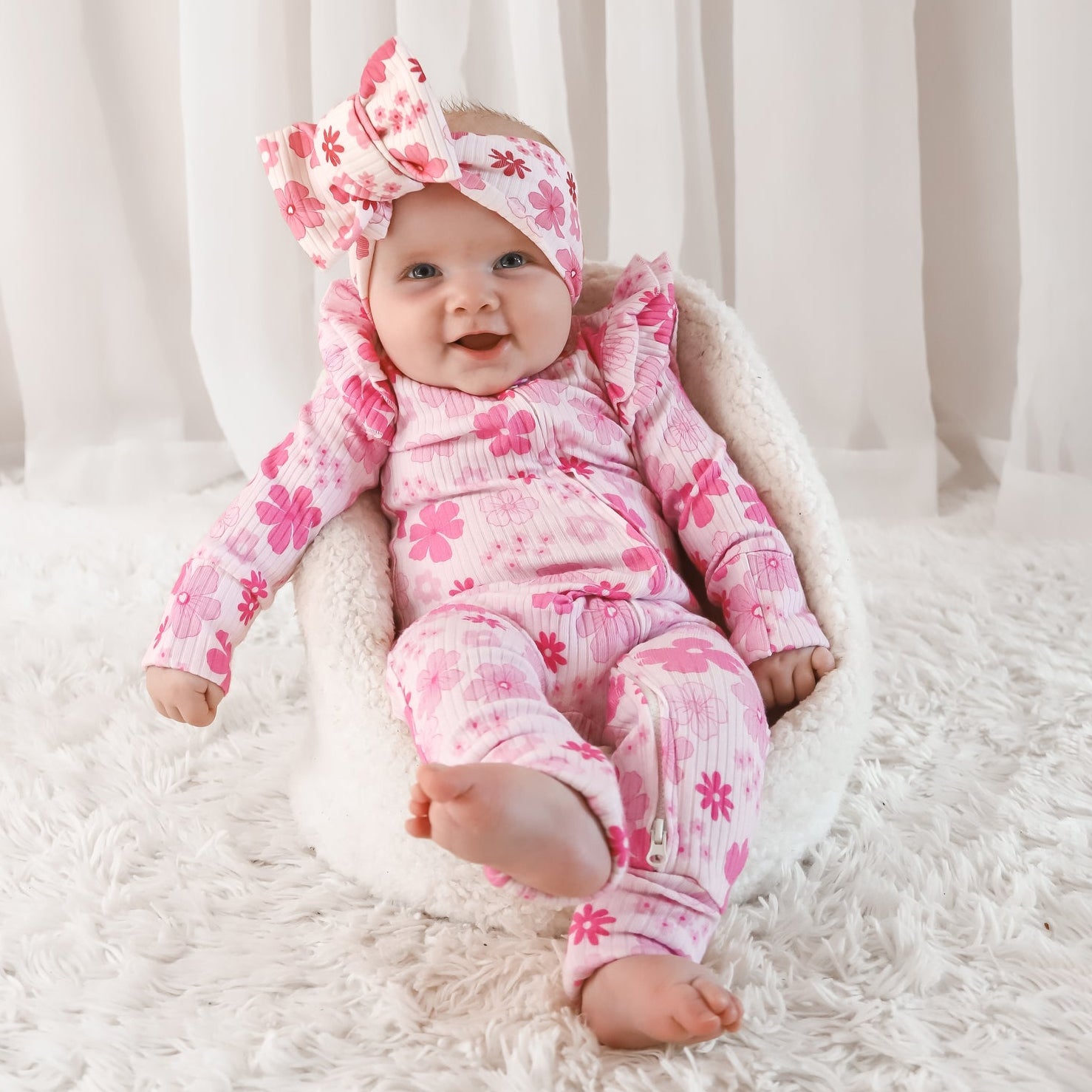 2PCS Allover Floral Printed Ruffle Zipper Baby Jumpsuit