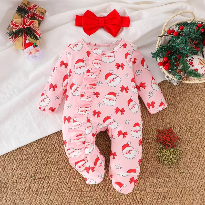 2PCS Christmas Santa Claus Printed Long Sleeve Zipper Baby Jumpsuit