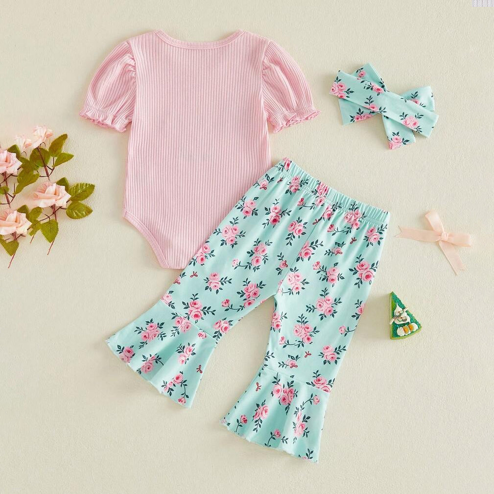 3PCS Mama's Mini Letter Floral Print Short Sleeve Baby Set