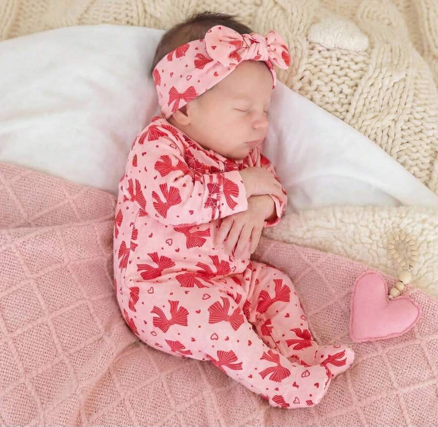 2PCS Cozy Bow & Heart Printed Long Sleeve Zipper Baby Jumpsuit