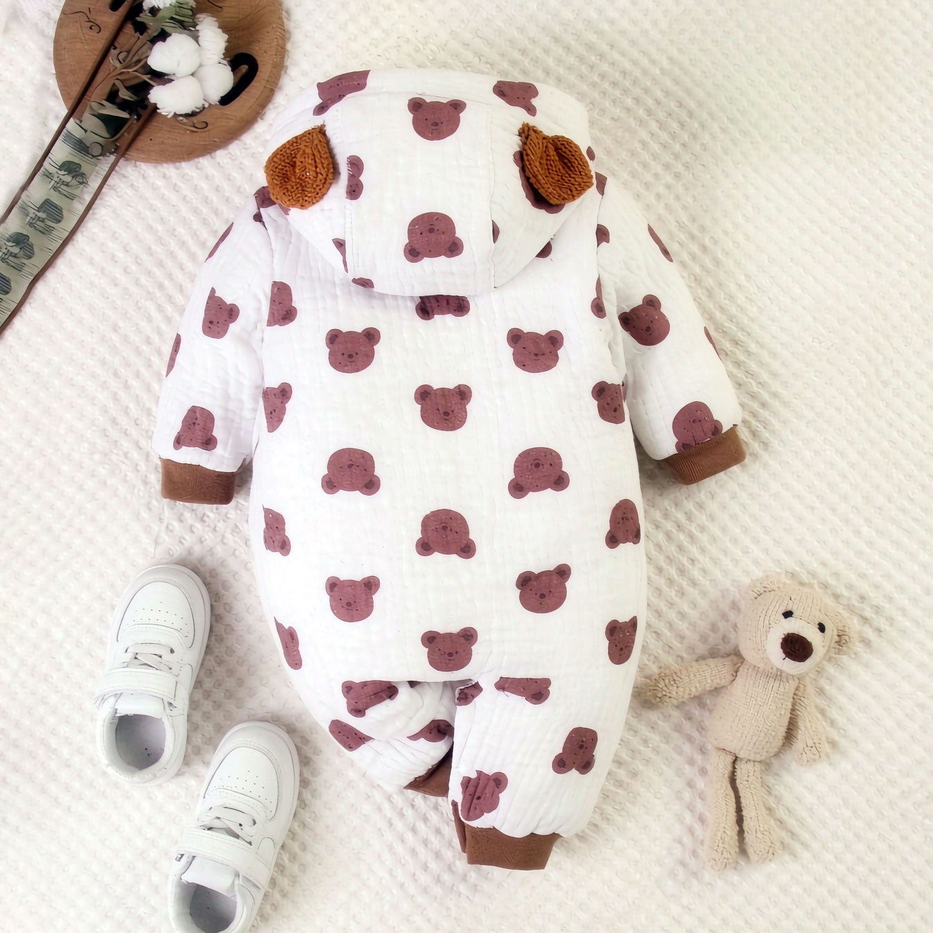 Cozy All-Over Bear Printed Hoodie Long Sleeve Baby Jumpsuit