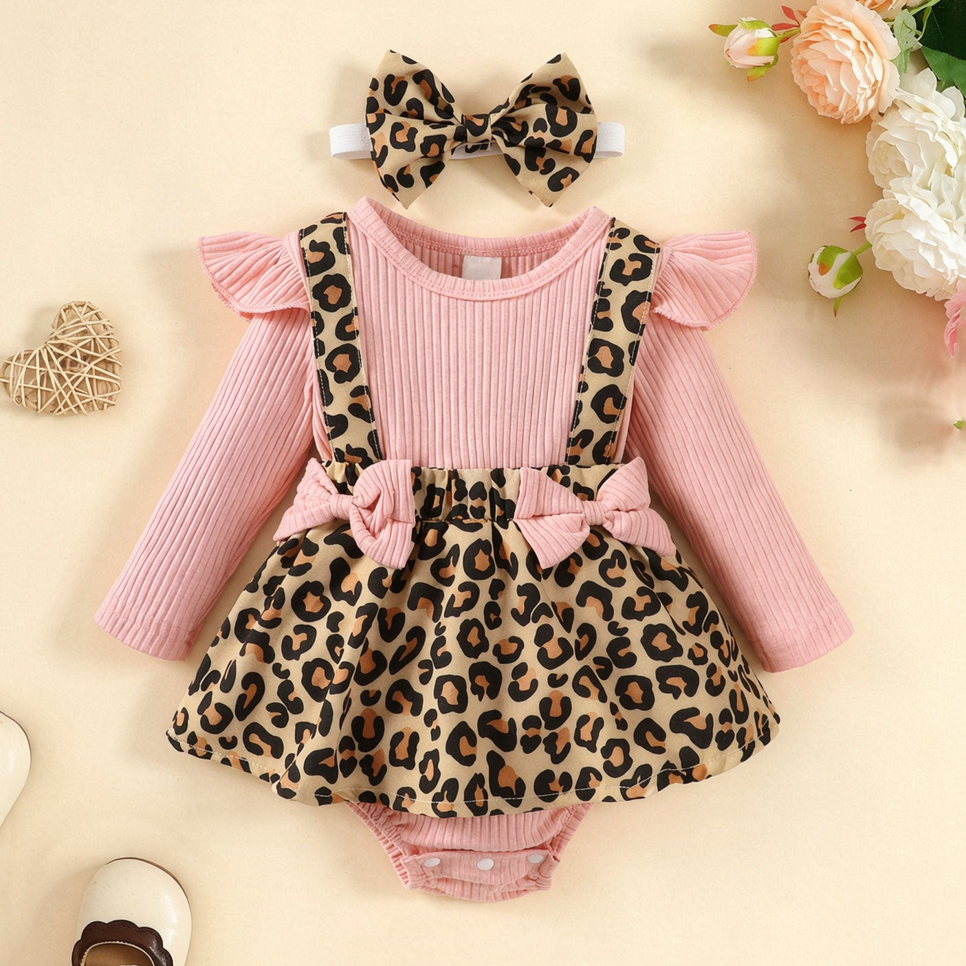 2PCS Sweet Color-Blocked Leopard Printed Long Sleeve Baby Romper