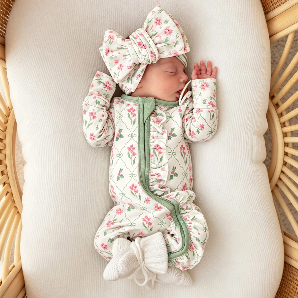 2PCS Quirky Floral Printed Long Sleeve Baby Girl Jumpsuit
