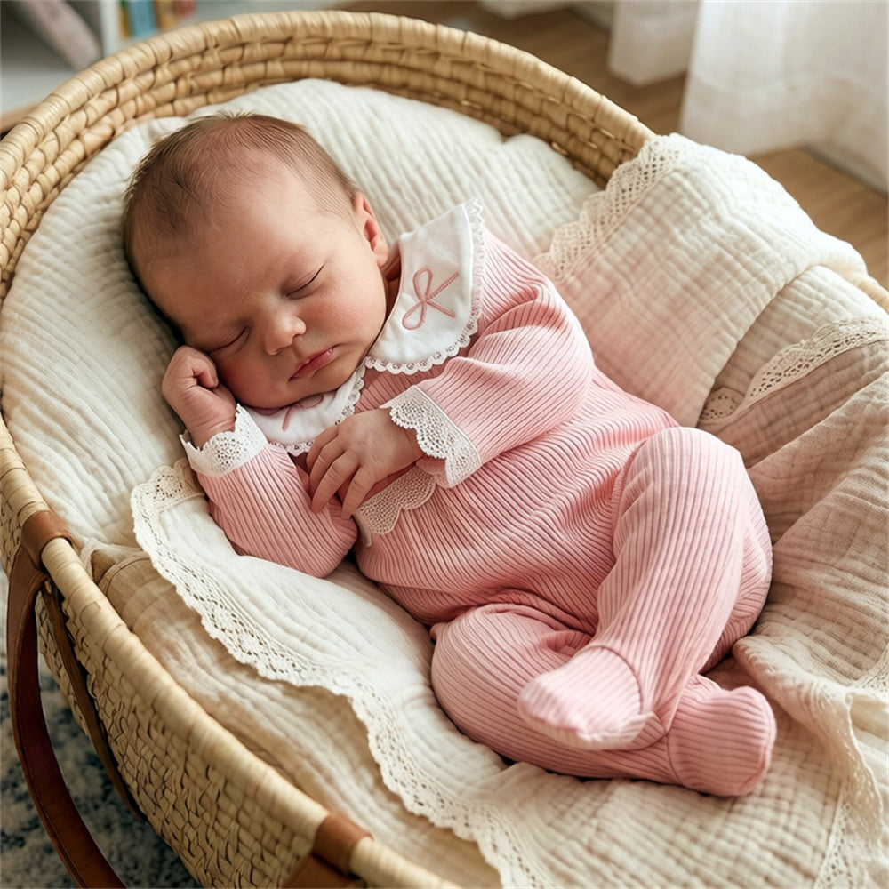 Pretty Solid Color Bow Embroidery Long Sleeve Baby Jumpsuit