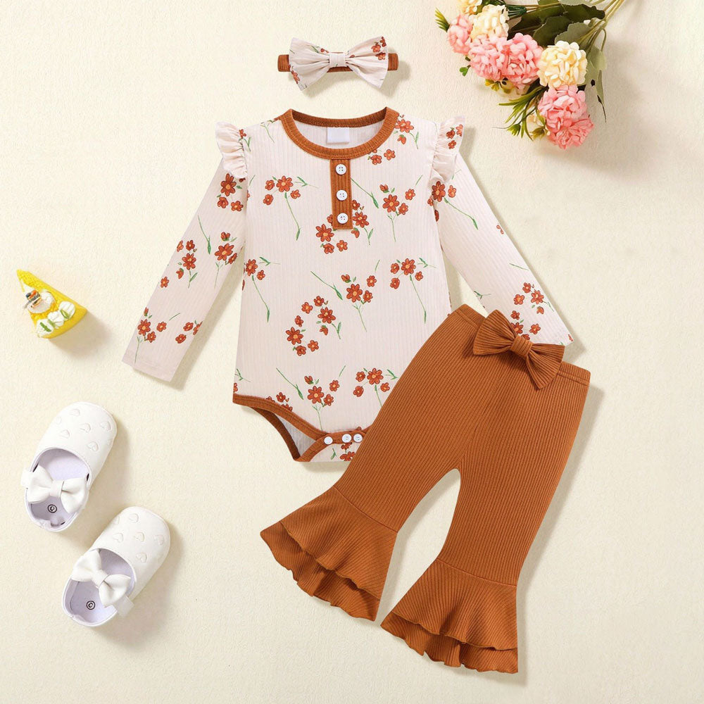 3PCS Timeless Floral Print Bowknot Decor Long Sleeve Baby Set