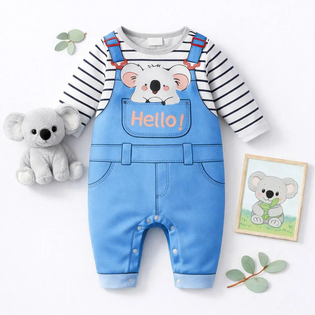 Cute Koala Print Striped Long Sleeve Baby Jumpsuit