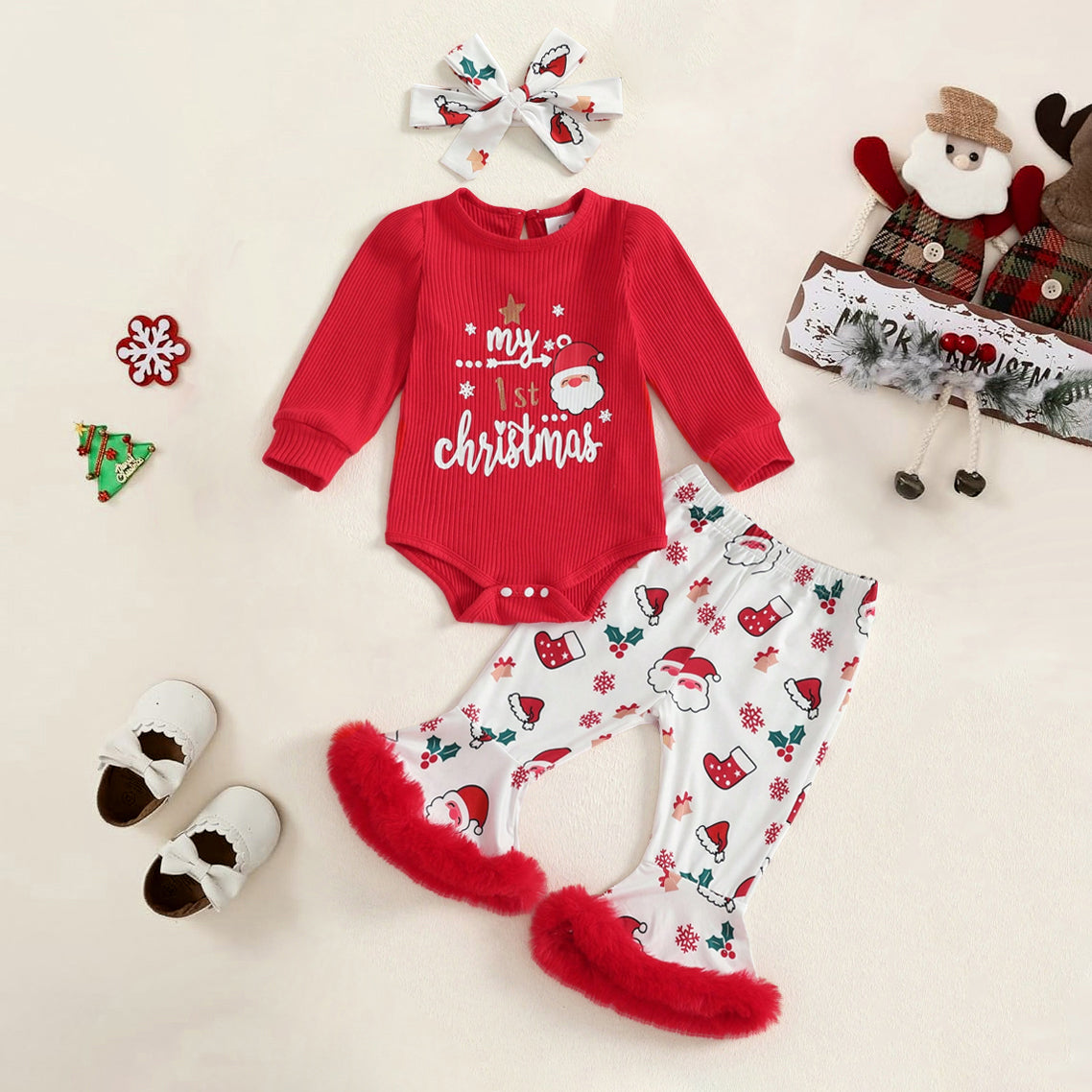 3PCS My 1st Christmas Letter Santa Claus Print Baby Set