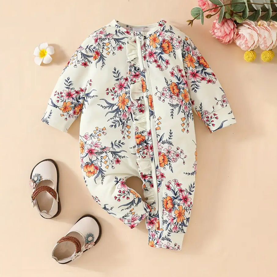 Stylish Floral Printed Ruffle Decor Long Sleeve Baby Jumpsuit