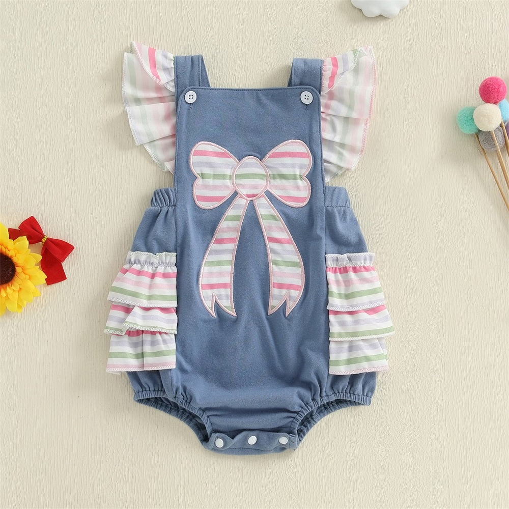 Summer Bow Embroidery Fly Sleeve Frill Trim Baby Romper