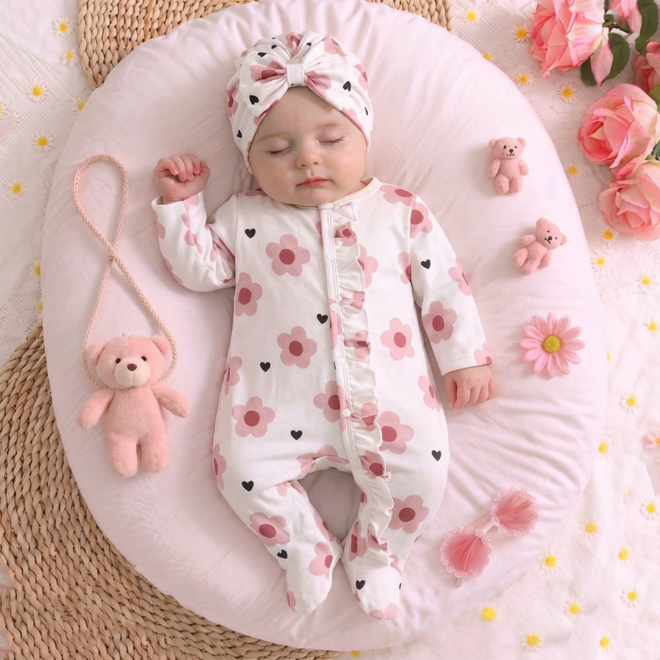 2PCS Elegant Floral Print Long Sleeve Ruffle Baby Jumpsuit