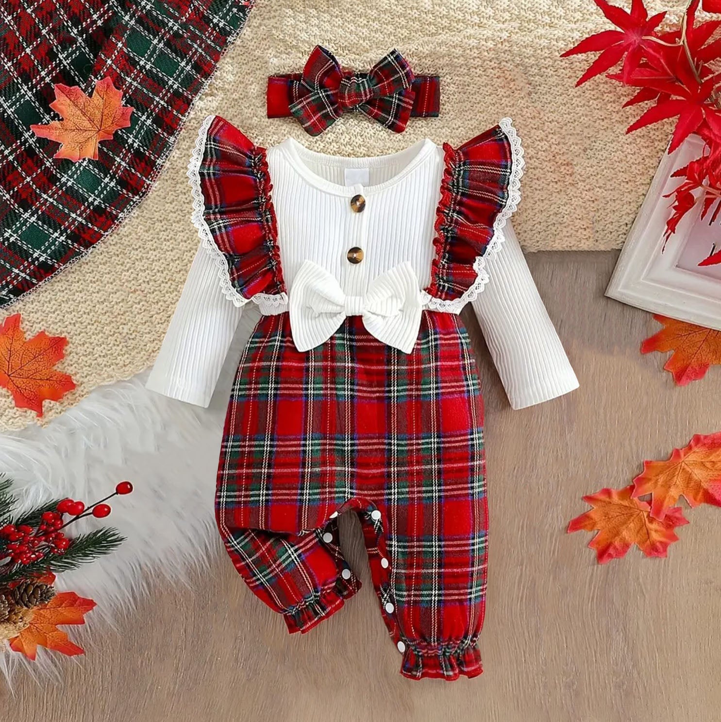 2PCS Stylish Plaid Print Bow Long Sleeve Baby Jumpsuit