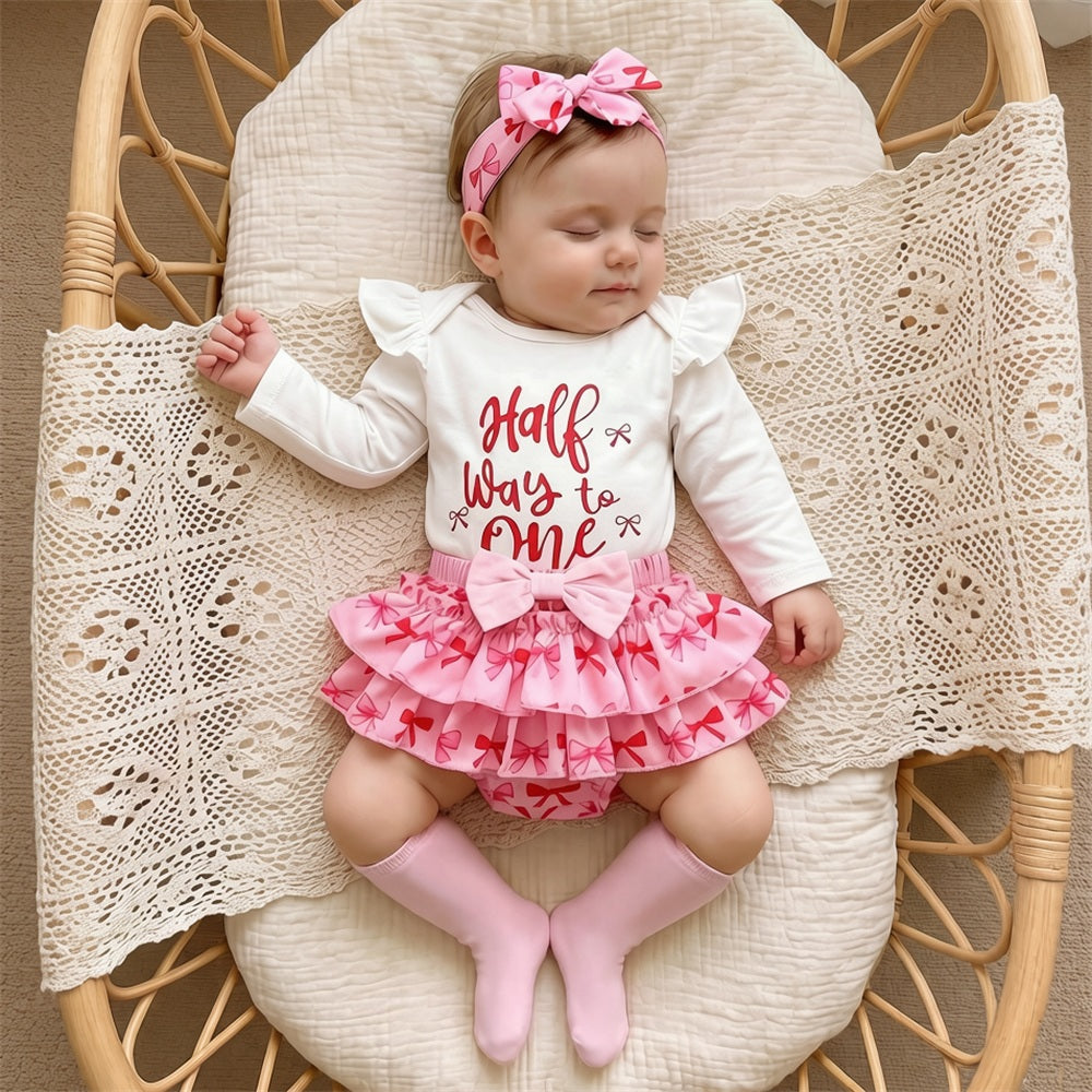 4PCS Half Way To One Letter Bow Print Long Sleeve Baby Set
