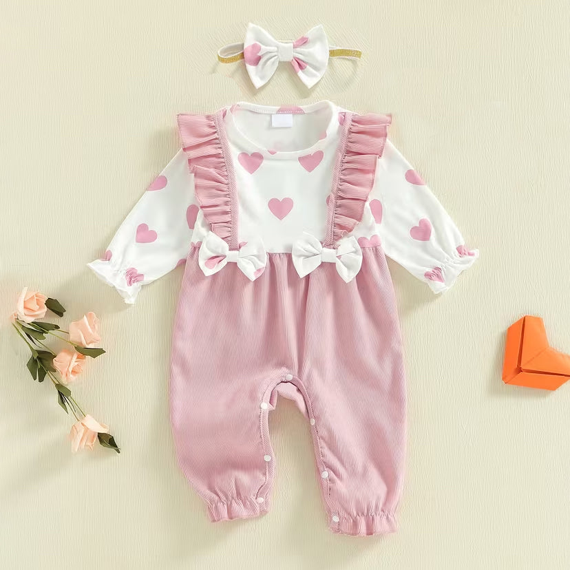 2PCS Lovely Baby Girl Heart Print Faux Two Piece Jumpsuit