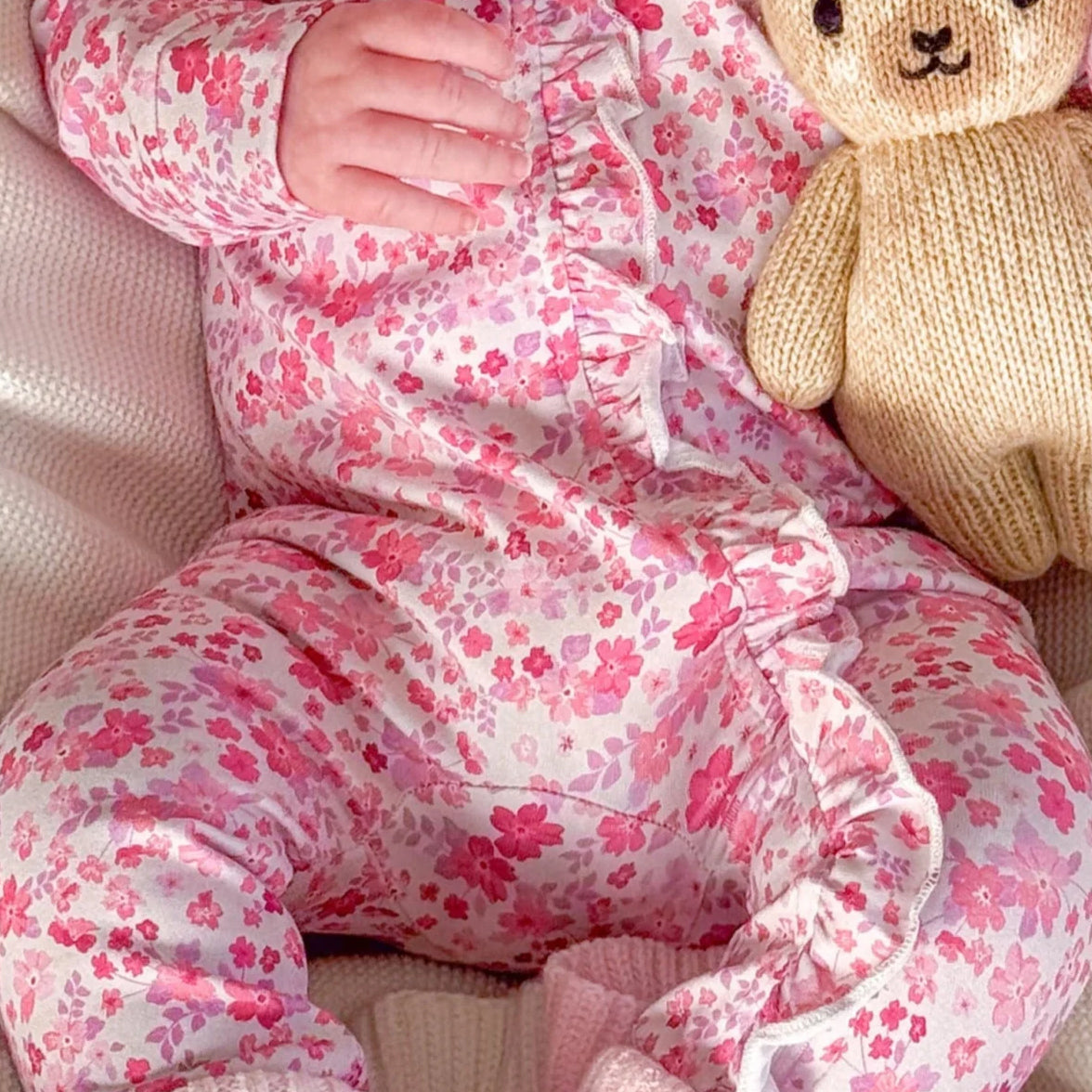 Vibrant Floral Printed Ruffle Zipper Baby Jumpsuit