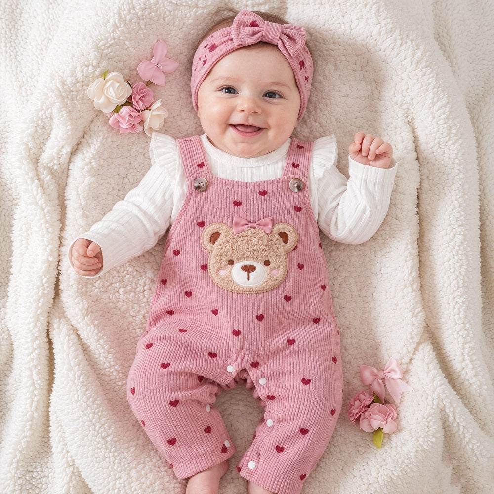 2PCS Bear Applique Heart Print Long Sleeve Corduroy Baby Overalls Set