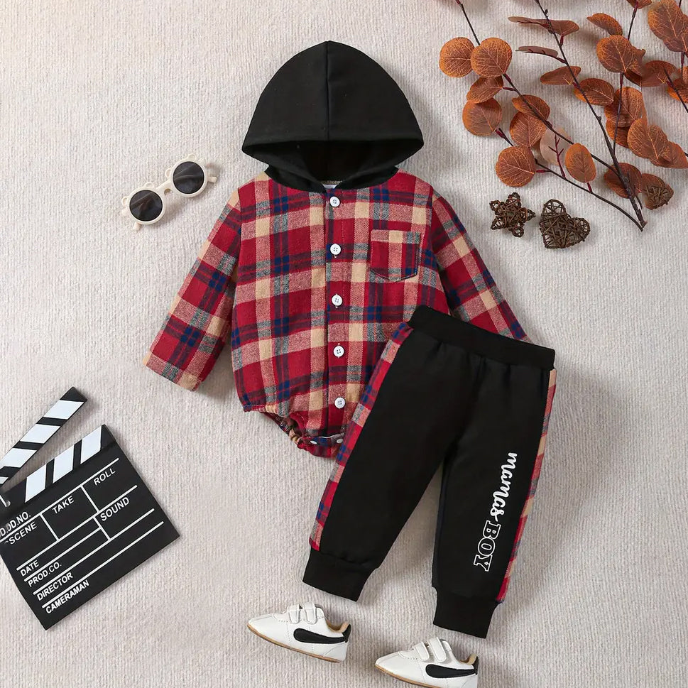 2PCS Mamas Boy Letter Plaid Printed Hoodie Baby Set