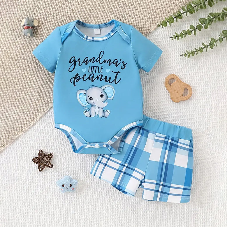 2PCS Grandma's Peanut Letter Elephant Plaid Printed Baby Set