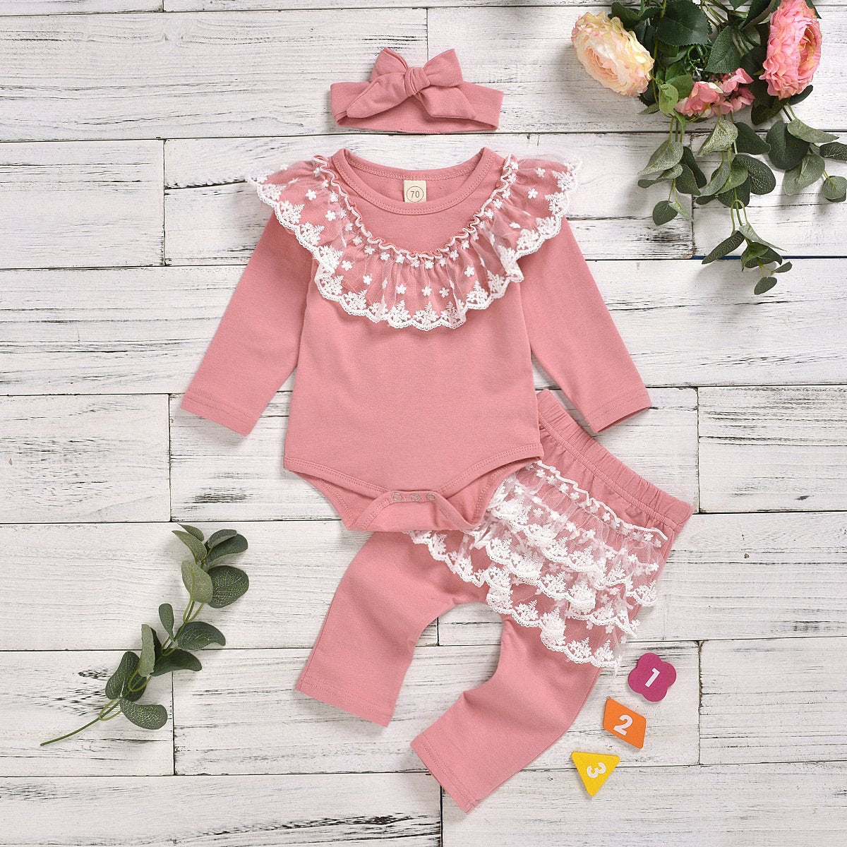 Baby Girl Lovely Lace Solid Romper With Pants Set