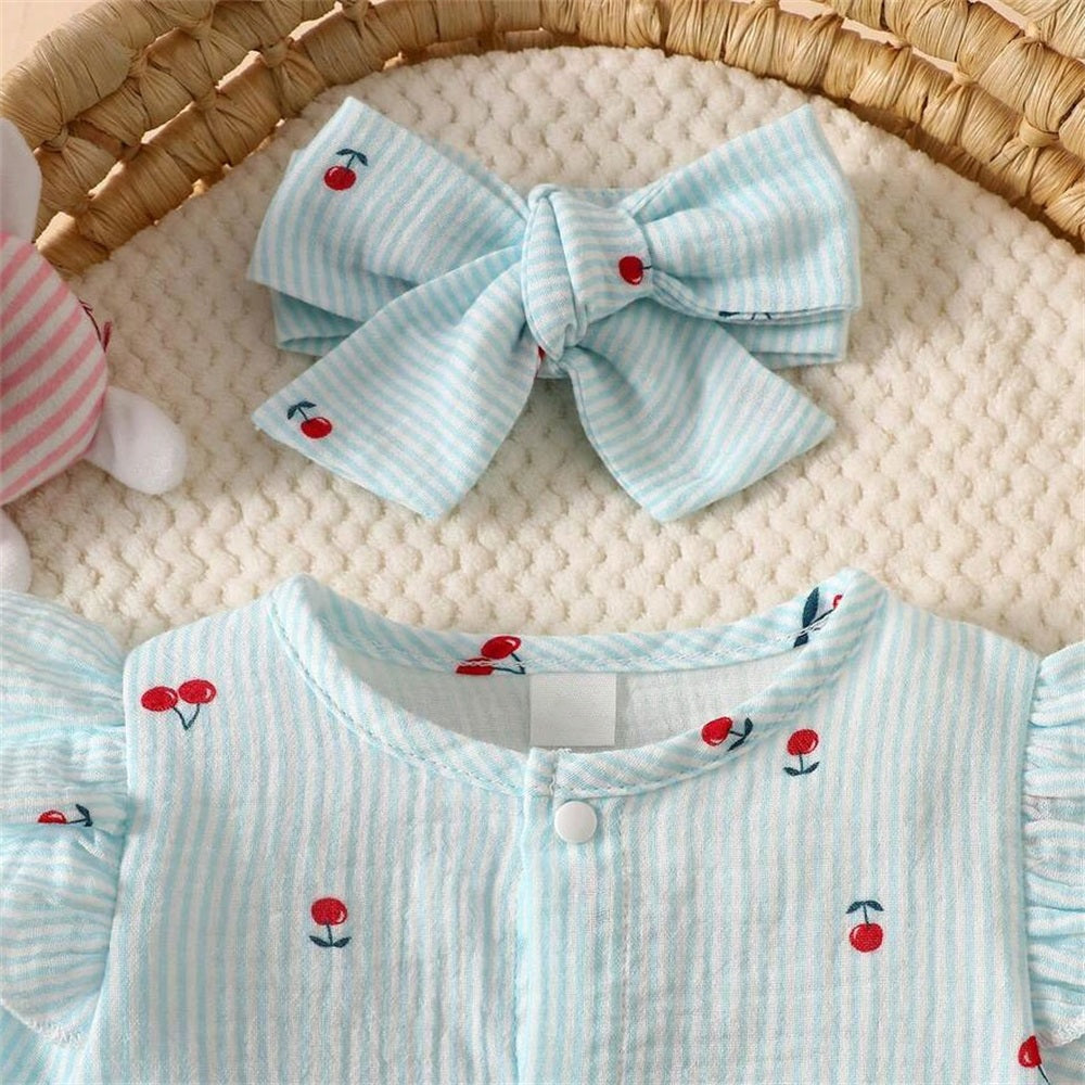 2PCS Lovely Cherry Printed Long Sleeve Baby Jumpsuit