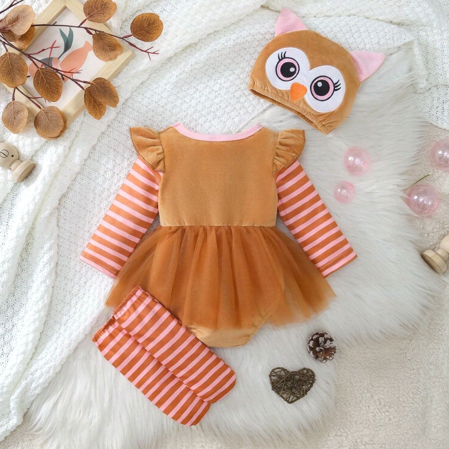 3PCS Cute Owl Stripe Printed Long Sleeve Baby Romper