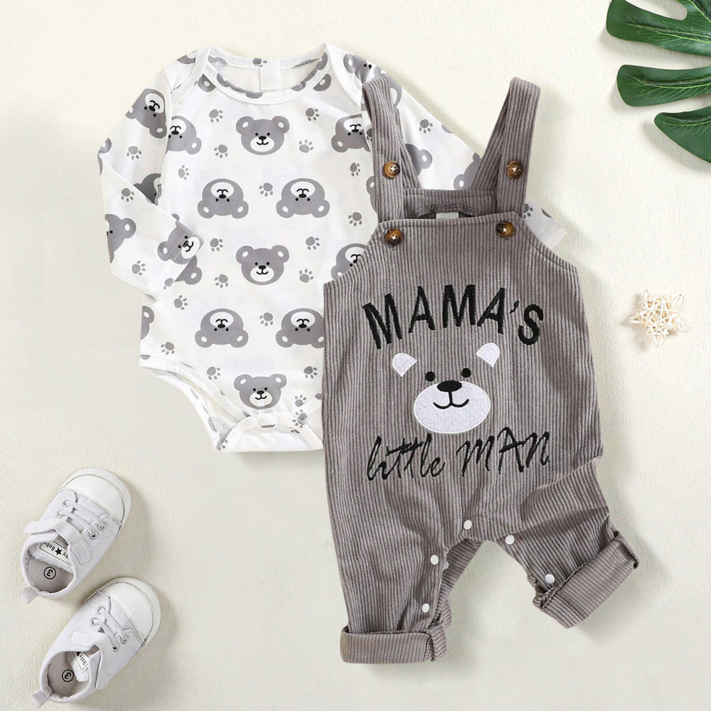 2PCS Mama's Little Man Letter Bear Print Overalls Baby Set