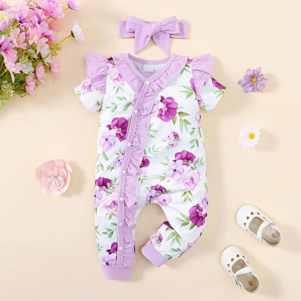 2PCS Pretty Floral Printed Ruffles Short Sleeve Baby Jumpsuit