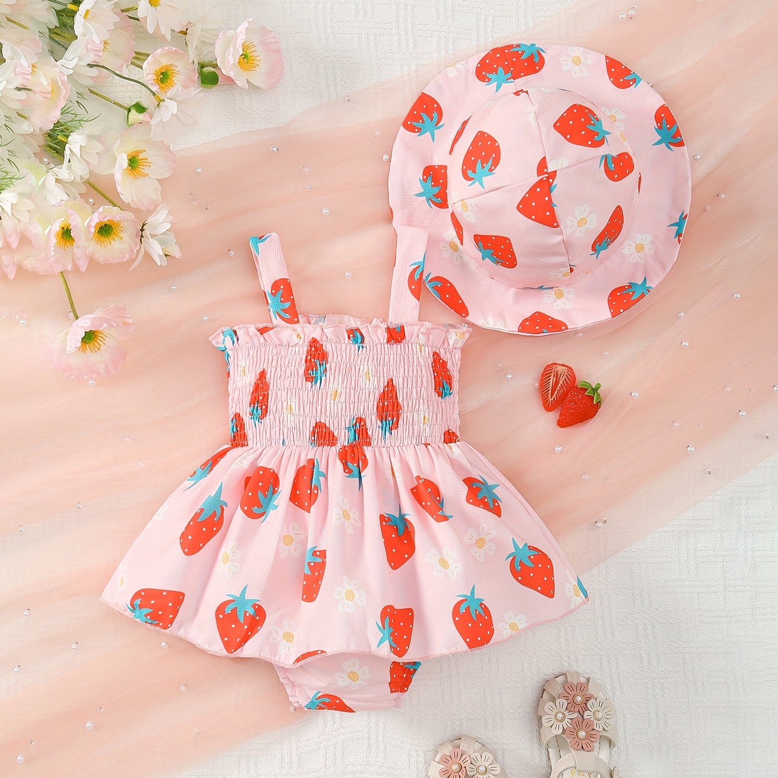 2PCS Lovely Strawberry & Floral Print Sleeveless Baby Girl Romper