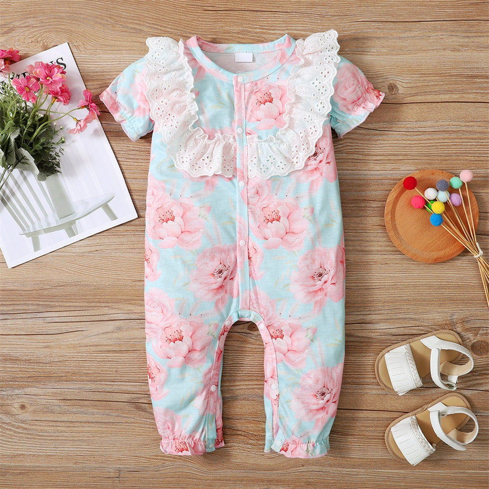 Causal Floral Printed Lace Trim Short Sleeve Baby Jumpsuit