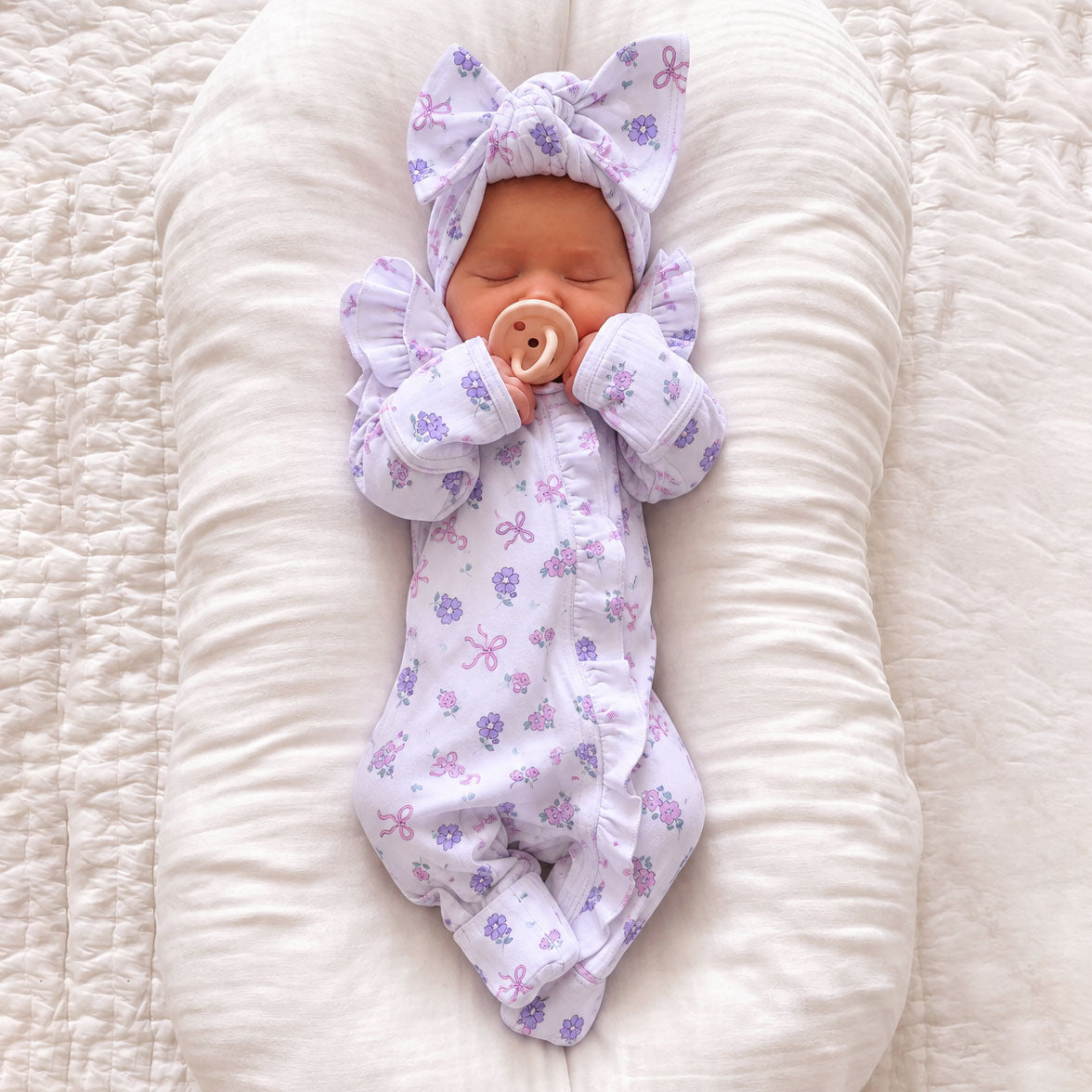 2PCS Floral and Bow Printed Ruffle Zipper Long Sleeve Baby Jumpsuit
