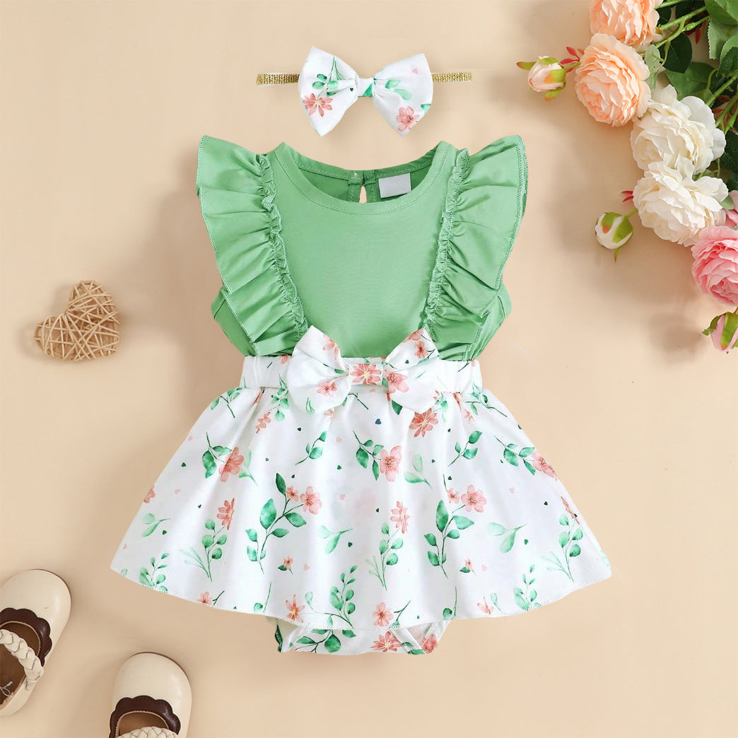 2PCS Cute Versatile Ditsy Floral Printed Ruffled Sleeveless Baby Romper