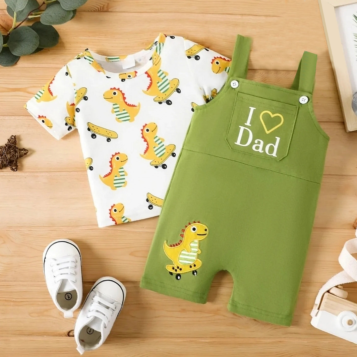2PCS I Love Dad Letter Dinosaur Printed Overalls Baby Set