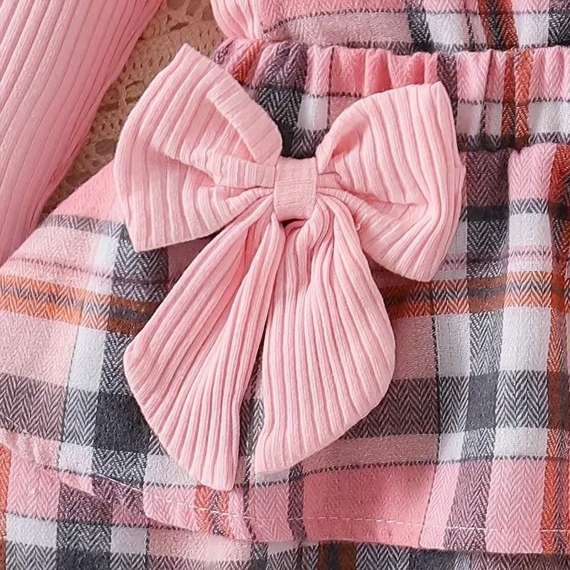 3PCS Sweet Plaid Printed Bowknot Long Sleeve Baby Set