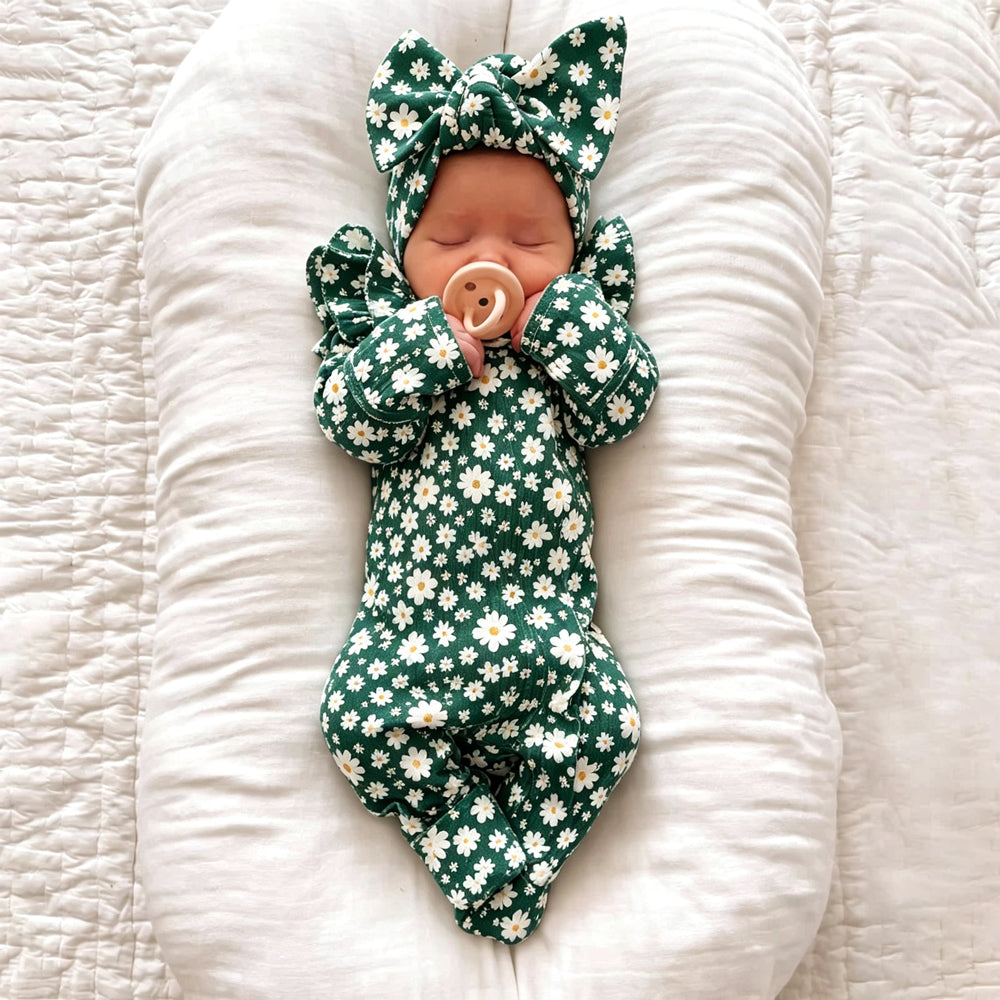 2PCS Timeless Daisy Printed Long Sleeve Zipper Baby Girl Jumpsuit