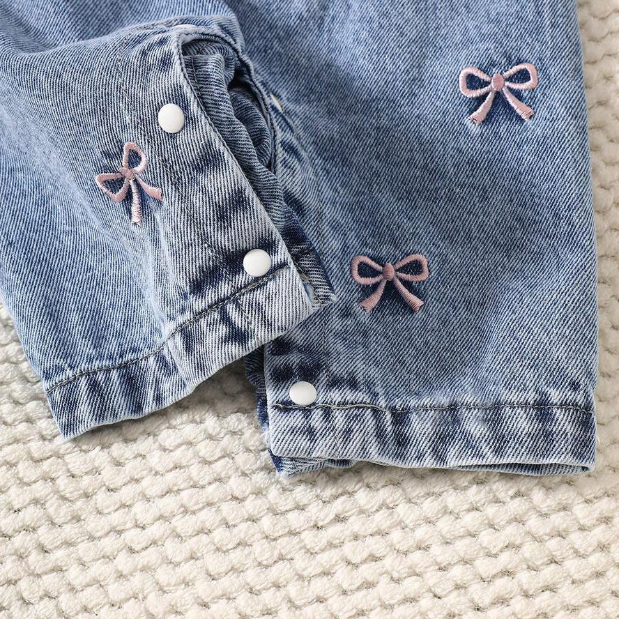 2PCS Bowknot Embroidery Denim Overalls Baby Set