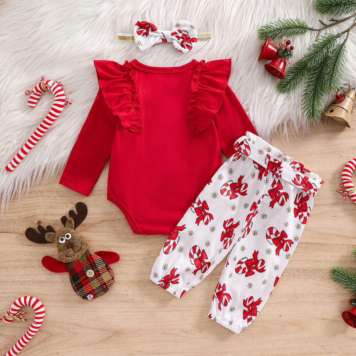 3PCS Lovely Candy Cane and Bow Print Long Sleeve Baby Set