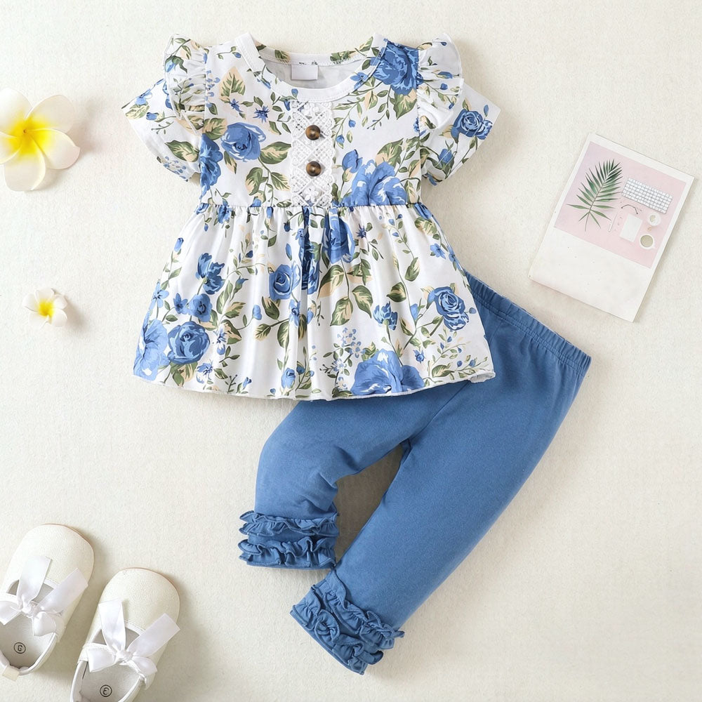 2PCS Grace Floral Printed Ruffle Decor Short Sleeve Baby Set