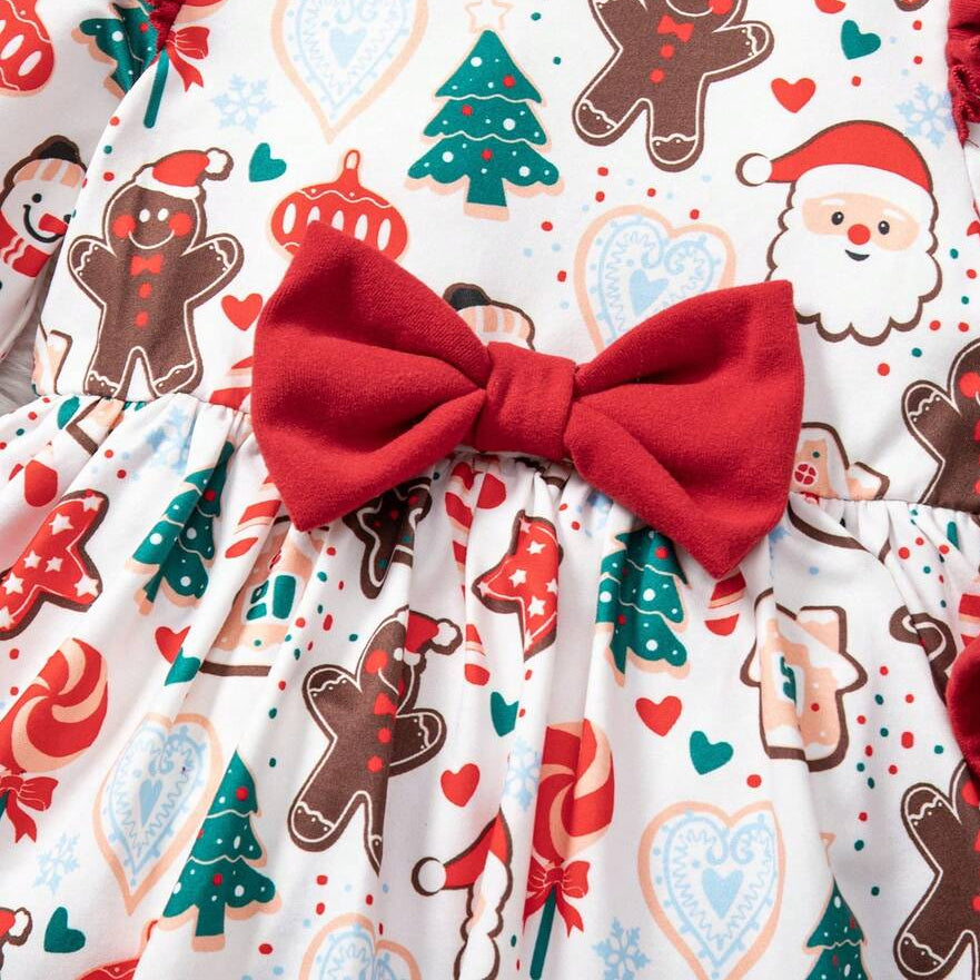 Lovely Christmas Print Bow Long Sleeve Baby Girl Romper