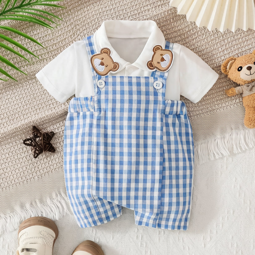 2PCS Bear Appliqué Plaid Print Short Sleeve Overalls Baby Set